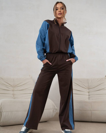 Komplet dresowy bluza na zamek + spodnie wide leg czekoladowo-niebieski (821151)