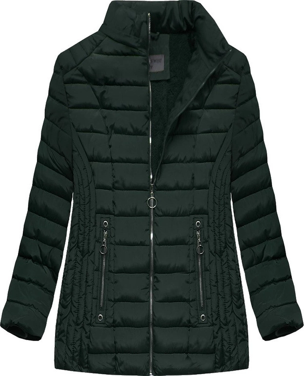 PIKOWANA DAMSKA KURTKA ZIMOWA Z KAPTUREM CIEMNOZIELONA (B2630-30)