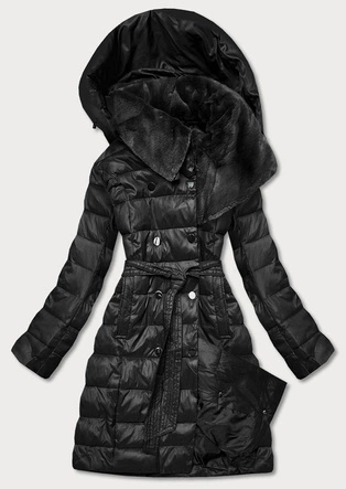 KURTKA ZIMOWA DAMSKA Z WYSOKĄ FUTRZNĄ STÓJKĄ CZARNA (J9-018)