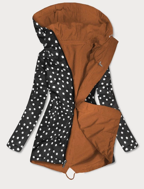 DWUSTRONNA PARKA DAMSKA Z KAPTUREM KARMELOWA W KROPKI (W354-1BIG)
