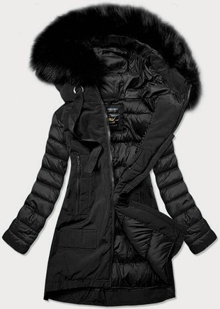 Zimowa kurtka damska z łączonych materiałów czarna (7708)