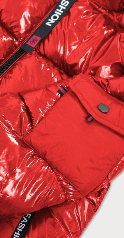 BŁYSZCZĄCA ZIMOWA KURTKA DAMSKA CZERWONO-SZARA (R9545)