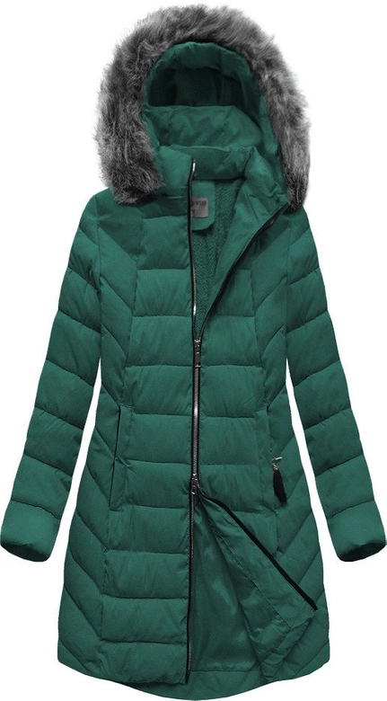 DŁUŻSZA ZIMOWA KURTKA DAMSKA Z KAPTUREM CIEMNOZIELONA (B2646)