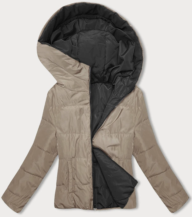 Dwustronna krótka kurtka z kapturem czarno-beżowa (B8181-1046)