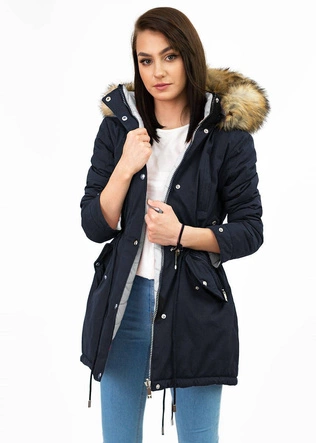 DWUSTRONNA DAMSKA KURTKA ZIMOWA Z KAPTUREM GRANATOWO-SZARA (W211)