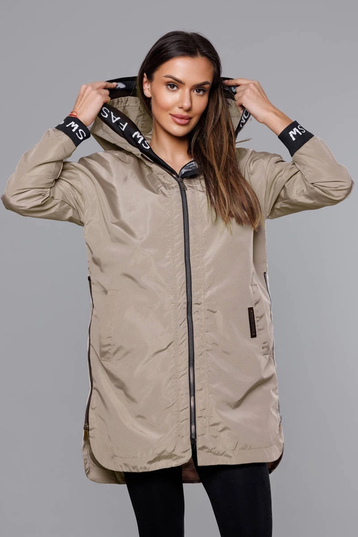 Cienka kurtka damska z ozdobną lamówką beżowa (B8145-12)