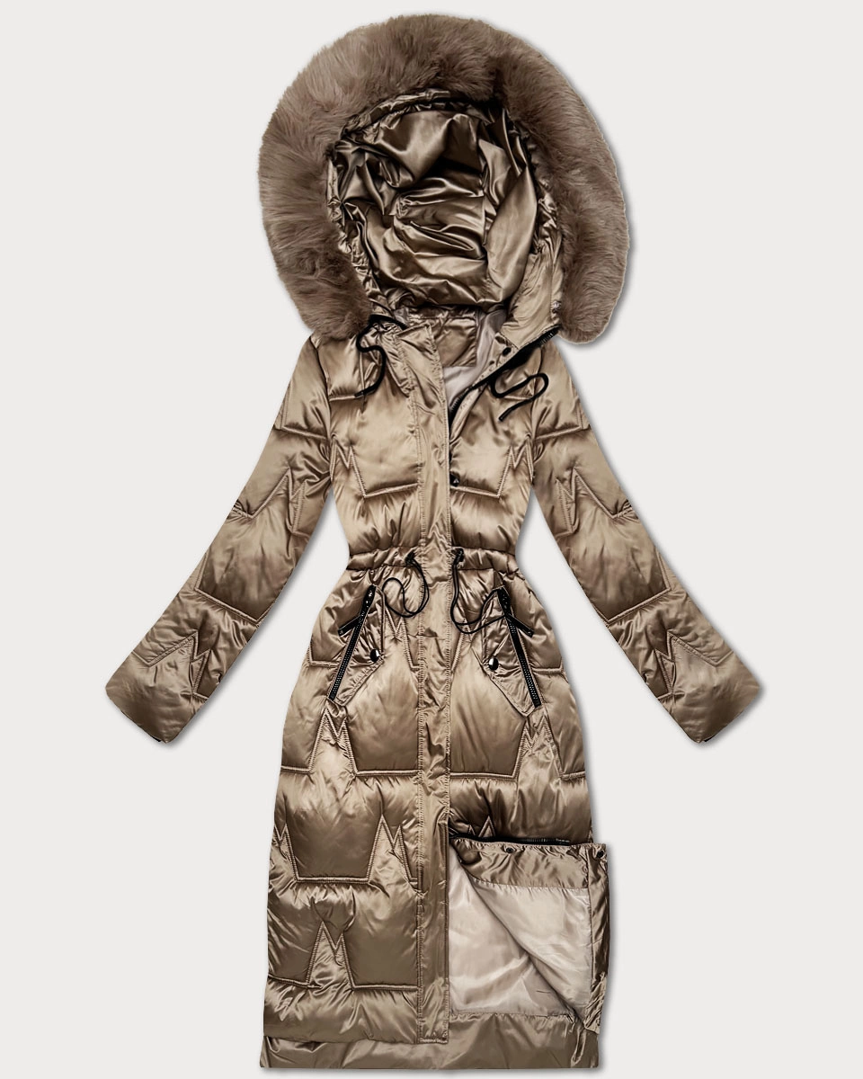 Zimowa kurtka damska ze ściągaczem w talii S'West ciemny beżowy (B8522-12)