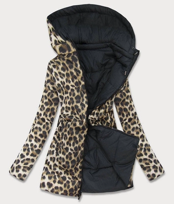 DWUSTRONNA KURTKA DAMSKA Z KAPTUREM CZARNA W PANTERKĘ (W352)