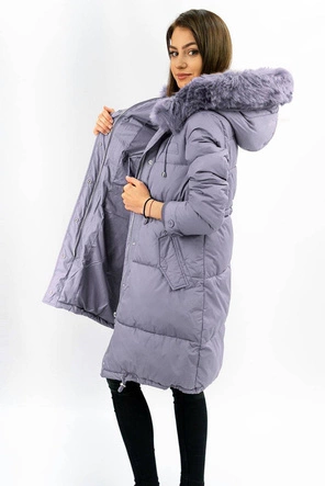 Długa damska kurtka zimowa z kapturem wrzosowa (7752)