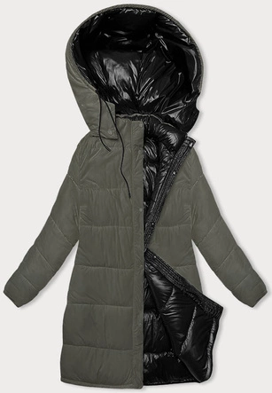 Gruba dwustronna kurtka zimowa damska czarny-khaki (V767)