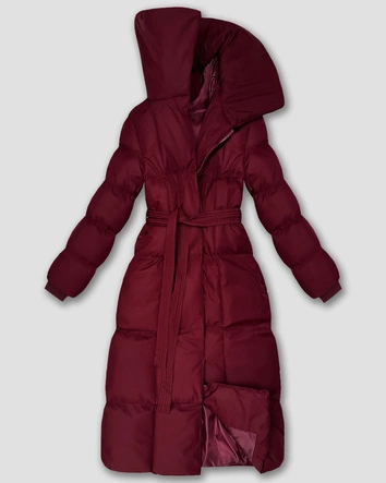 Długa zimowa kurtka damska z paskiem bordowa (5M3327-1)