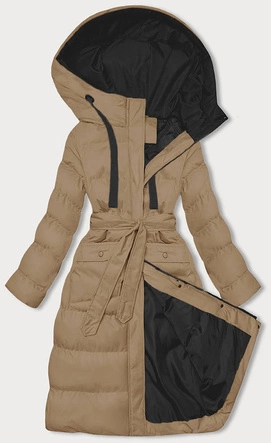 Damska długa kurtka zimowa z kapturem beżowa (5M3178-84)