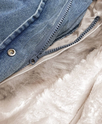 Damska kurtka jeansowa z futrzanym kołnierzem niebieski/beż (br9585-50046)