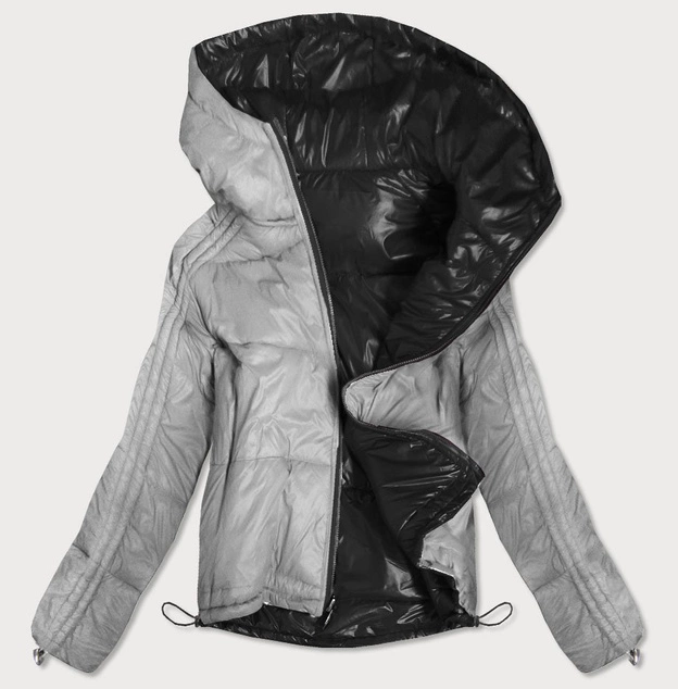 DWUSTRONNA BŁYSZCZĄCA KURTKA DAMSKA CZARNO-SZARA (B9553)