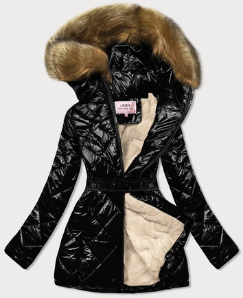 Błyszcząca kurtka zimowa na misiu czarny/brąz (w756)