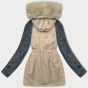 Parka damska z jeansowymi rękawami Way Mode beż-granat (WD202301)