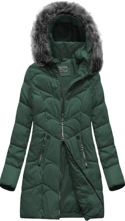 DŁUŻSZA PIKOWANA DAMSKA KURTKA ZIMOWA Z KAPTUREM CIEMNOZIELONA (B2643)
