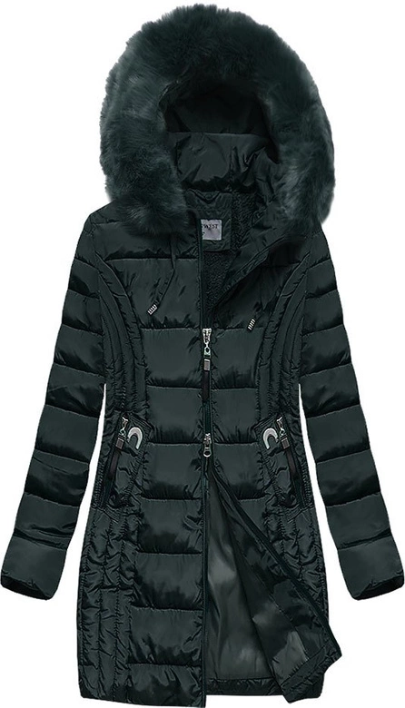 DŁUŻSZA DAMSKA KURTKA Z KAPTUREM BUTELKOWA ZIELEŃ (B2620-30)