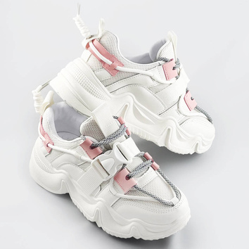 SZNUROWANE SNEAKERSY Z KLAMRĄ BIAŁO-RÓŻOWE (L8085)