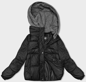 Zimowa kurtka damska z dzianinowym kapturem czarna (B8213-1)