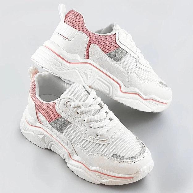 Sneakersy damskie z brokatowymi wstawkami biało-różowe (lu-2)