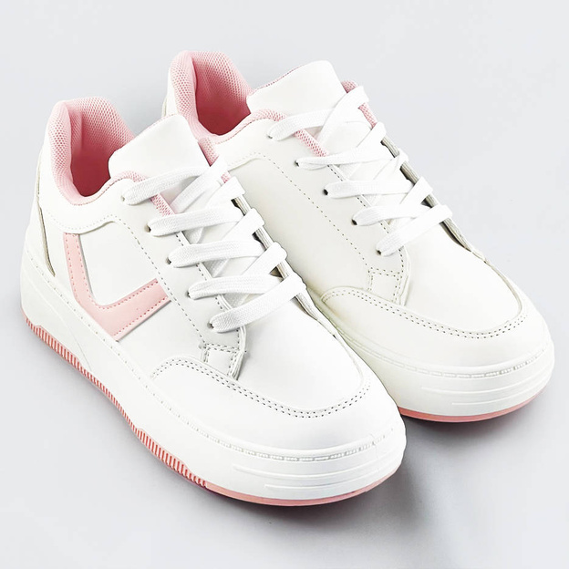 Sznurowane buty sportowe damskie biało-różowe (s070)