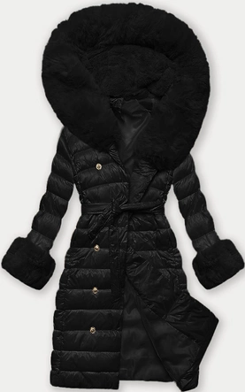 Puchowy płaszcz damski na guziki czarny (5M3160/1-392)