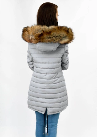 Dwustronna damska kurtka zimowa z kapturem granatowo-szara (w210)