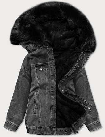 DAMSKA KURTKA JEANSOWA Z FUTRZANĄ PODPINKĄ CZARNA (BR9588-101)