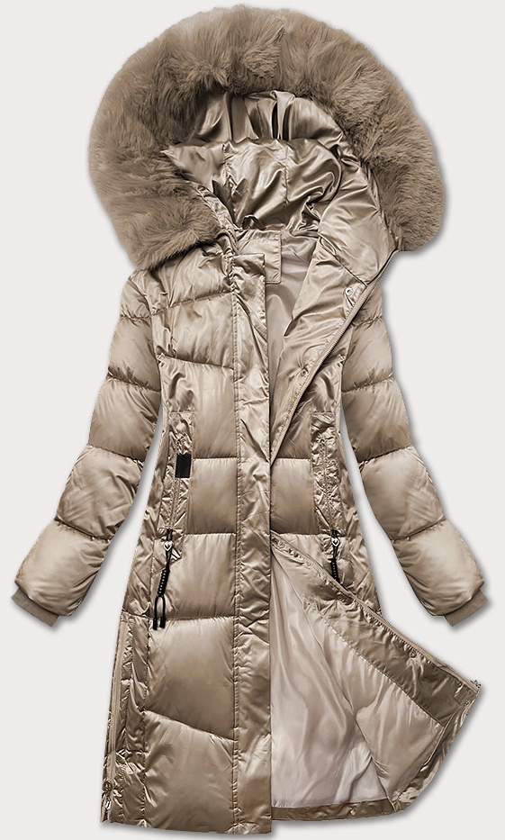 Zimowa pikowana kurtka plus size z kapturem S'west beżowa (B8267-12)