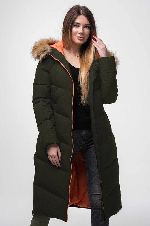 PROSTY PŁASZCZ ZIMOWY DAMSKI Z KAPTUREM KHAKI (J9-007)