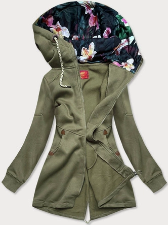 DŁUGA DAMSKA BLUZA Z KAPTUREM KHAKI (AMG705)