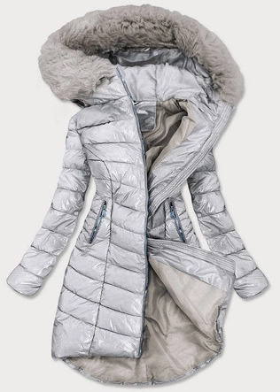 ASYMETRYCZNA DAMSKA KURTKA ZIMOWA SREBRNA (F7052)
