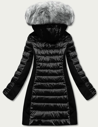 Zimowa kurtka damska z łączonych materiałów czarna (dk067-1)