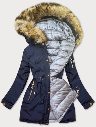 DWUSTRONNA KURTKA DAMSKA ZIMOWA Z KAPTUREM GRANATOWA (W707/1)