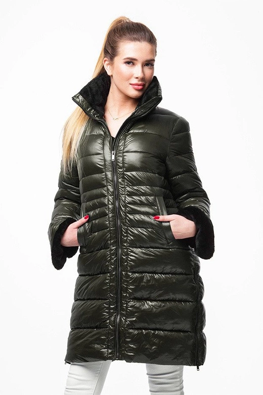 Dłuższa damska pikowana kurtka zimowa khaki (j19-017)