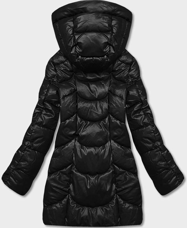 Luźna kurtka zimowa damska ze skóry ekologicznej czarna (AG2-J90)