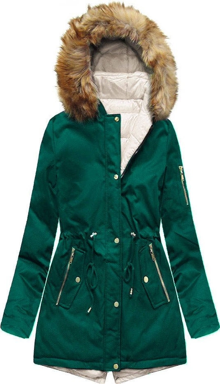DWUSTRONNA ZIMOWA PARKA DAMSKA Z KAPTUREM ZIELONA-ECRU (B2636)