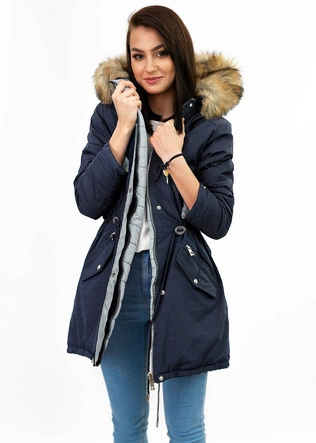 Dwustronna damska kurtka zimowa z kapturem granatowo-szara (w210)