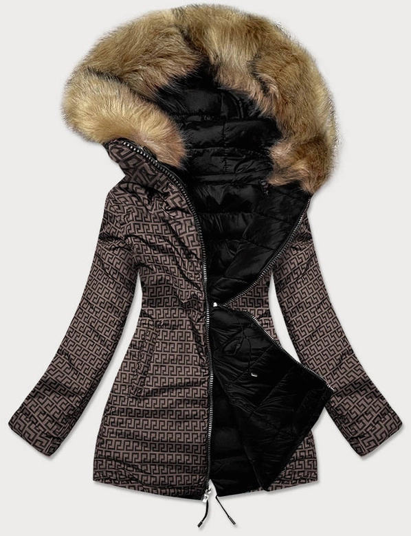 Dwustronna damska kurtka zimowa czarno-brązowa (mhm-w556)