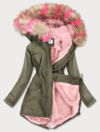 KURTKA PARKA DAMSKA ZIMOWA KHAKI-RÓŻOWA (X619X)