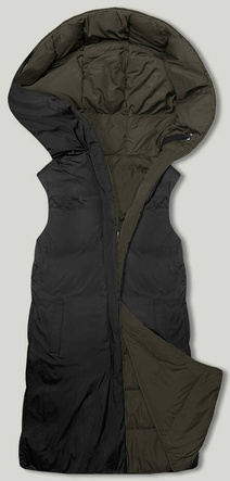Dwustronny bezrękawnik oversize z kapturem khaki-czarny (V724)