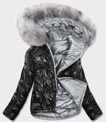 DWUSTRONNA METALICZNA KURTKA DAMSKA SREBRNO-CZARNA (GWW1908)