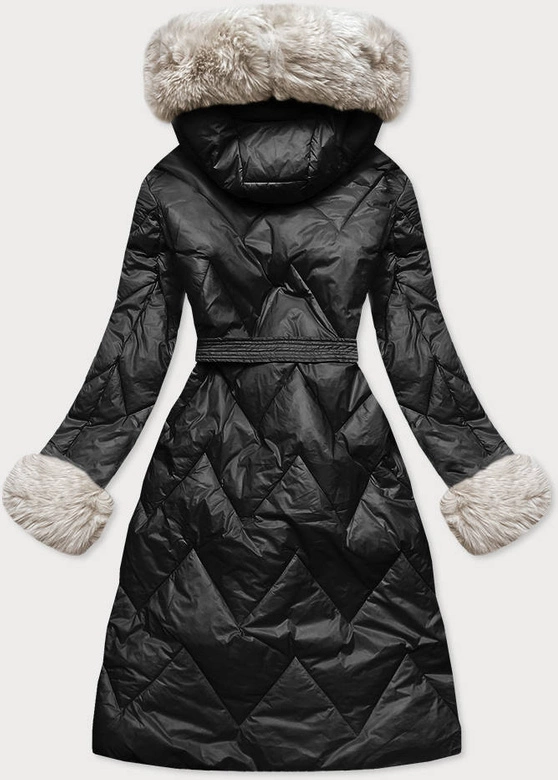 DAMSKA DŁUGA KURTKA PIKOWANA CZARNA-ECRU (772)