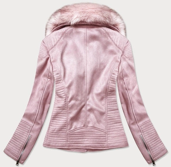 Zamszowa ramoneska damska z futerkiem pudrowy róż (6501)