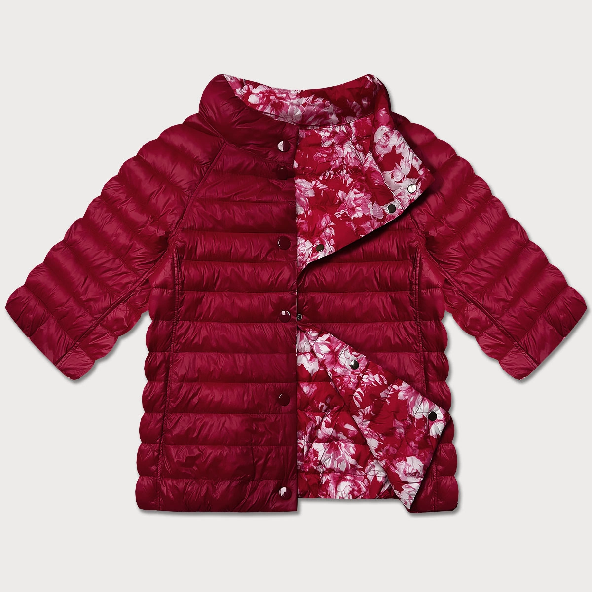 Dwustronna kurtka damska plus size z rękawem 3/4 Minority czerwona/kwiaty (M23-7010-16)
