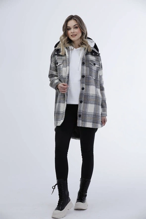 Damska kurtka koszulowa w kratę ecru/szara (AG3-1813)