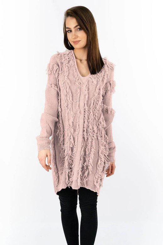 CIEPŁY SWETER Z FRĘDZLAMI PUDROWY RÓŻ (155ART)