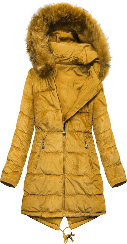 DWUSTRONNA DAMSKA PARKA ZIMOWA WELUROWA MUSZTARDOWA (7911)