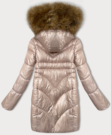 Prosta kurtka zimowa damska z ozdobnymi kieszeniami S'west perłowy róż (B8259-51)